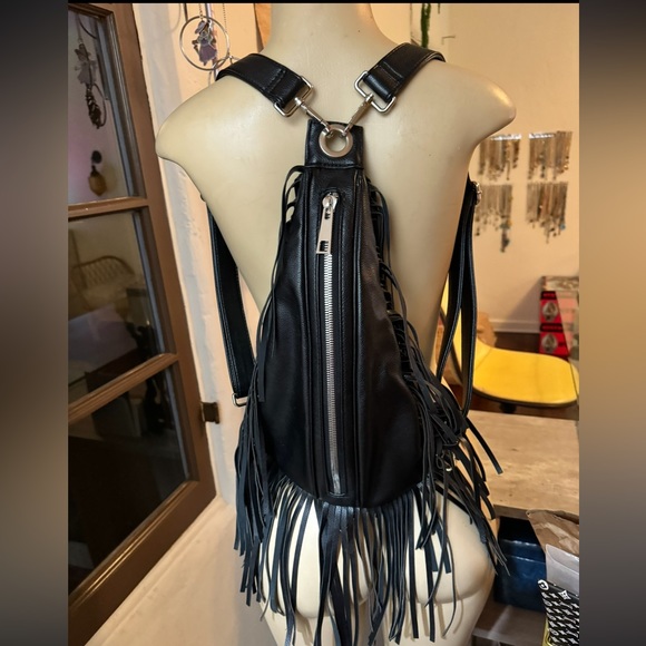 Dolls Kill Handbags - Club Exx black leather fringe backpack/ crossbody bag NEW